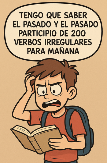 Cartoon de un estudiante frustrado por tener que aprender verbos en Inglés