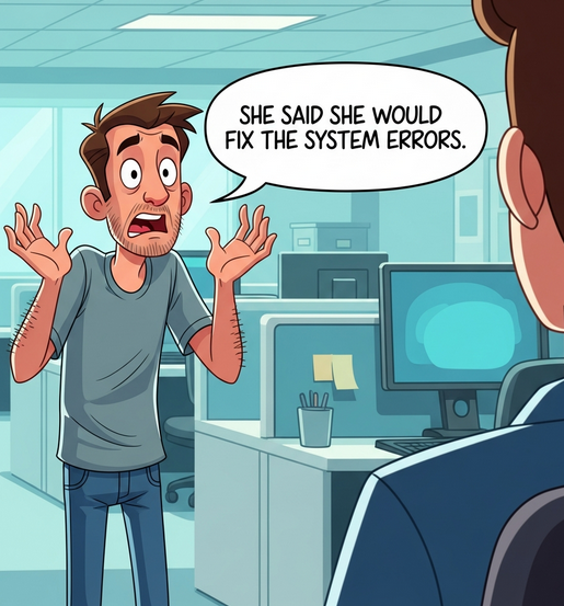 Image of man saying: She said she would fix the system errors