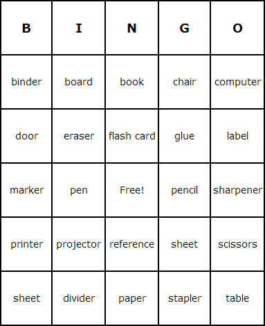 Classroom Objects Bingo